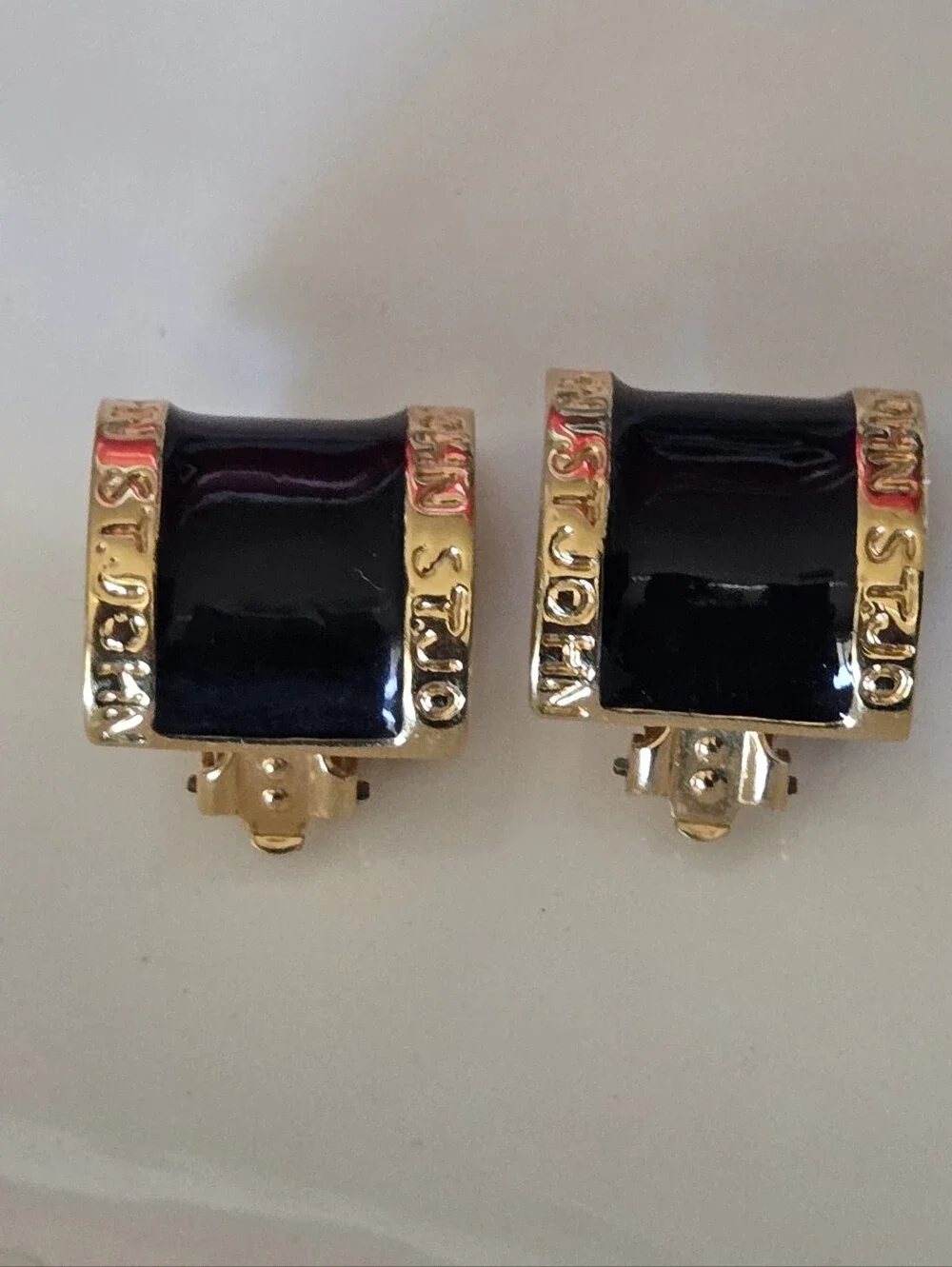 ST JOHN Gold-Tone Black Enamel Clip-On Earrings